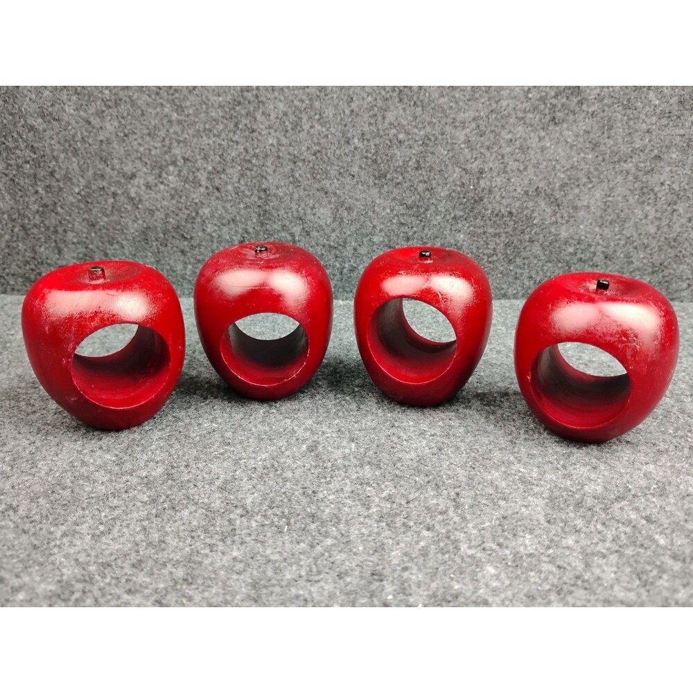 Set 4 Apple Shaped Wooden Fruit Napkin Rings Holders Wood Vintage